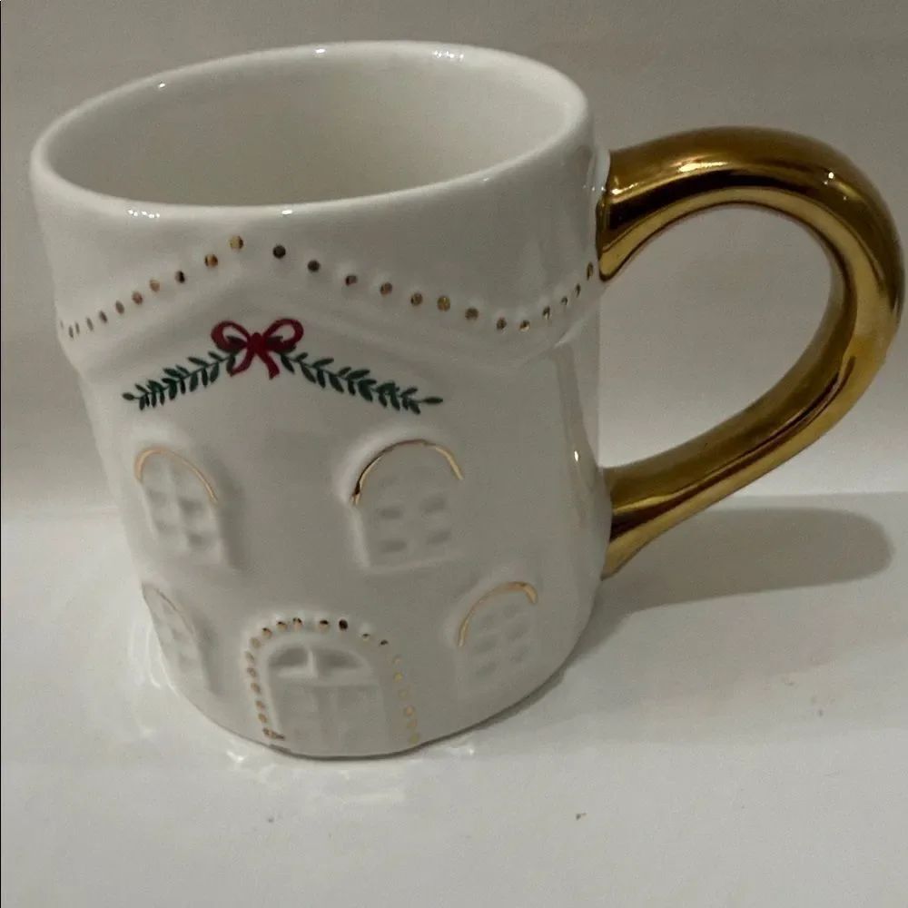 Festive Voice Christmas White Gold Home Holiday Mug 3 1/2 In Round X4 In Tall